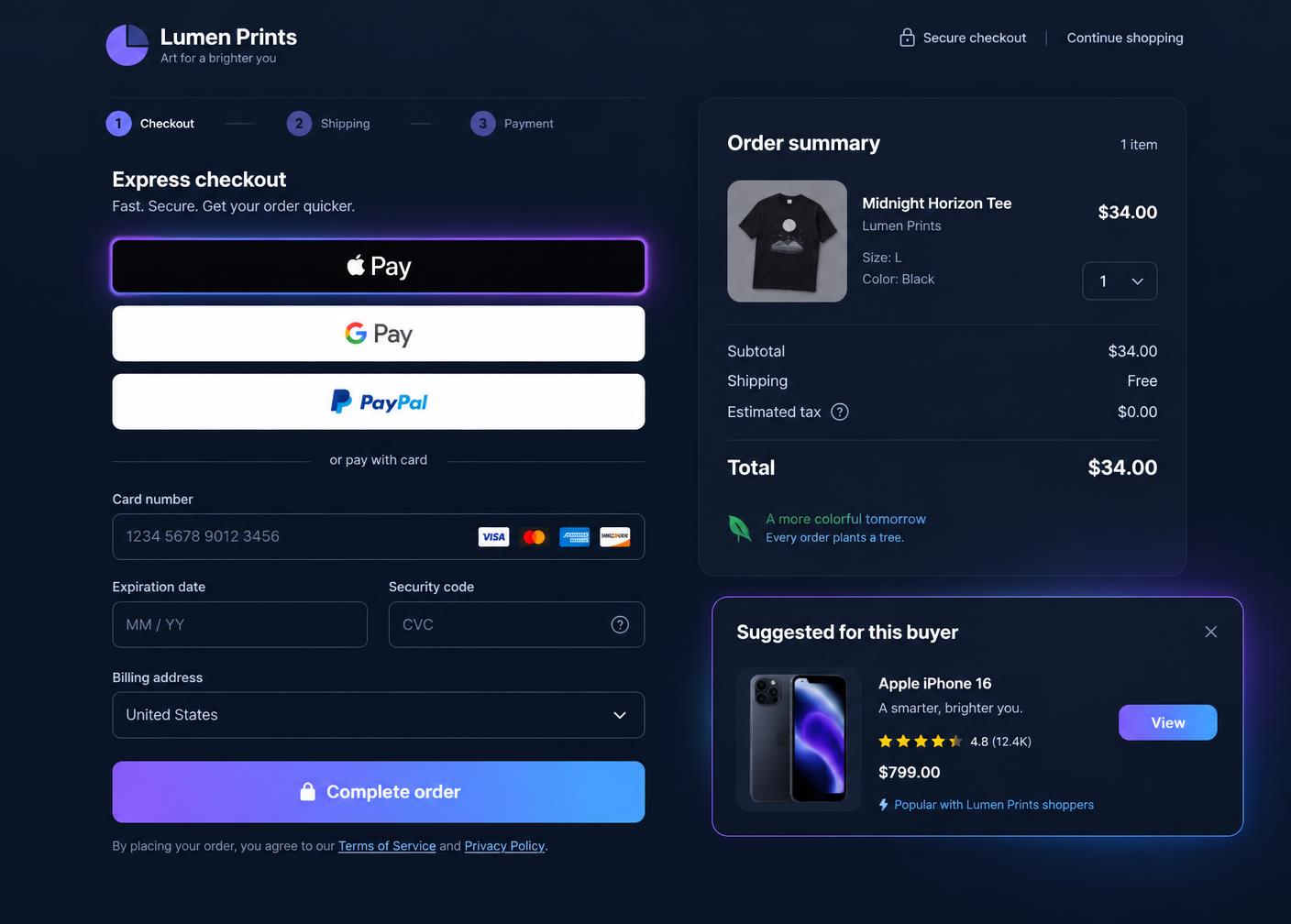 Illustrative checkout keeping a sample seller's brand, with Apple Pay prioritized for an iOS buyer and a 'Suggested for this buyer' panel